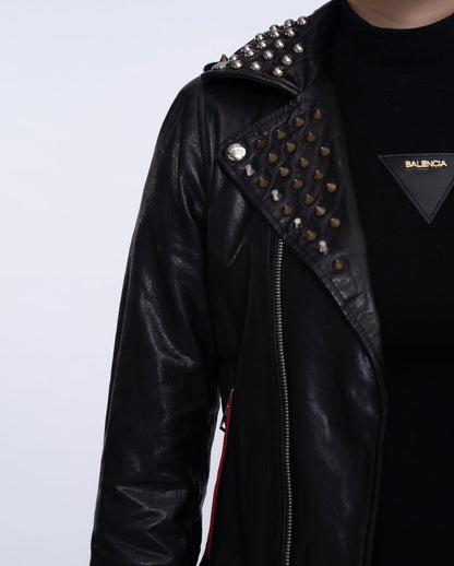 Women Black Rivet Belted Punk Leather Jacket