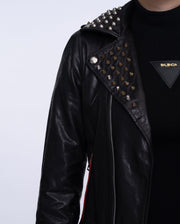 Women Black Rivet Belted Punk Leather Jacket