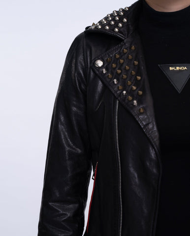 Women Black Rivet Belted Punk Leather Jacket