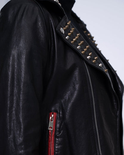 Women Black Rivet Belted Punk Leather Jacket