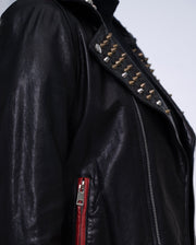 Women Black Rivet Belted Punk Leather Jacket