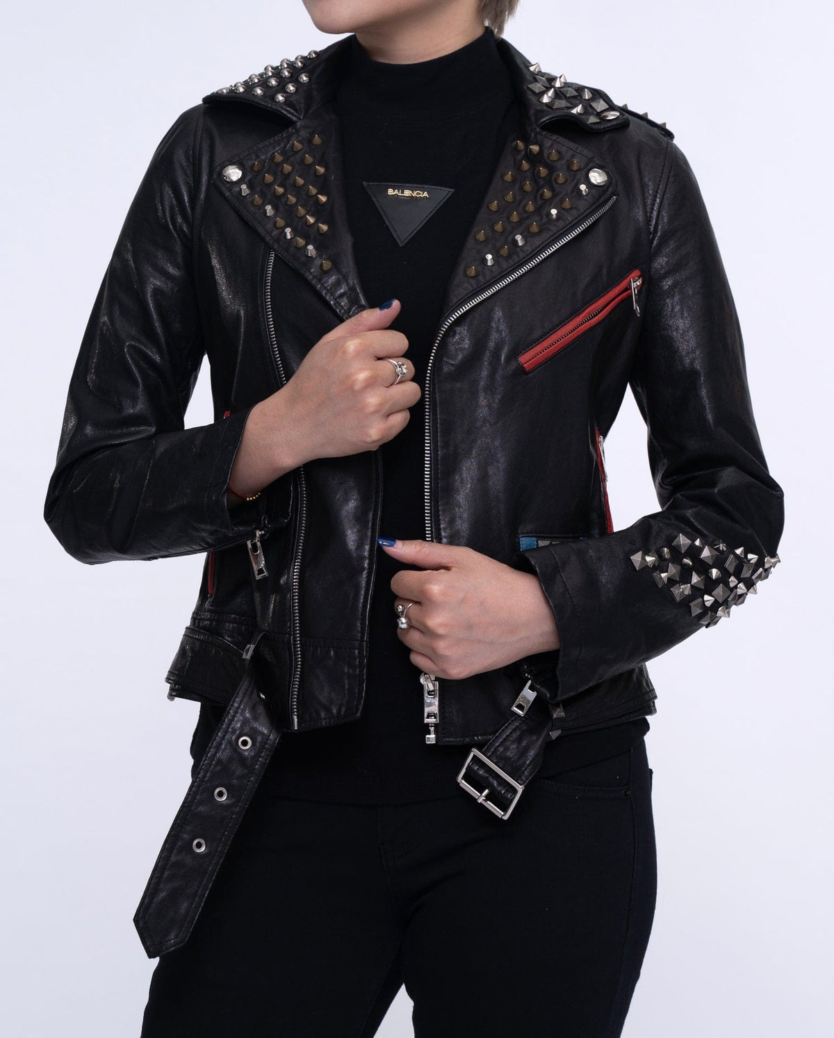 Women Black Rivet Belted Punk Leather Jacket