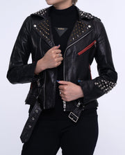 Women Black Rivet Belted Punk Leather Jacket