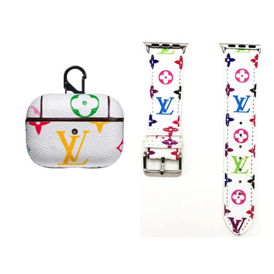 WHITE LV CLASSIC DAMIER EBENE INSPIRED AIRPODS CASE & WATCH BAND