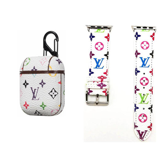 WHITE LV CLASSIC MONOGRAM INSPIRED AIRPODS CASE & WATCH BAND