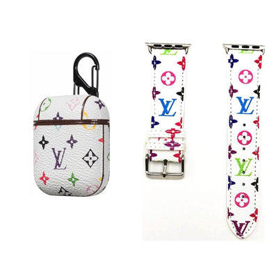 WHITE LV CLASSIC MONOGRAM INSPIRED AIRPODS CASE & WATCH BAND