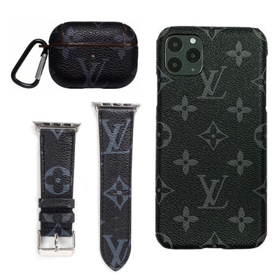 BLACK LV MONOGRAM INSPIRED IPHONE, AIRPOD PRO CASE & WATCH BAND