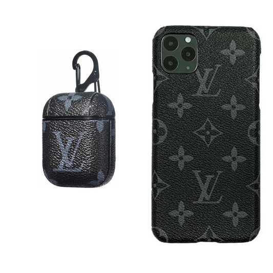 BLACK LV MONOGRAM INSPIRED IPHONE & AIRPOD 1/2 CASE