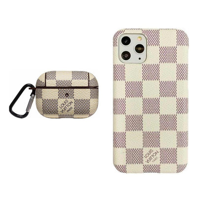 WHITE LV DAMIER EBENE INSPIRED IPHONE & AIRPOD PRO CASE