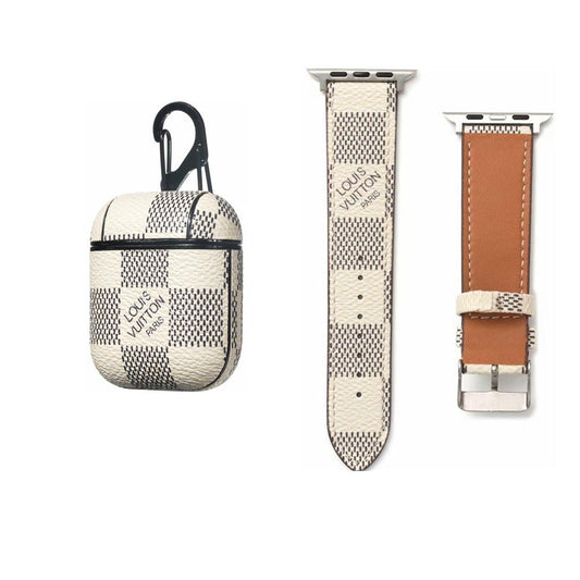 WHITE LV DAMIER EBENE INSPIRED WATCH BAND & AIRPOD CASE