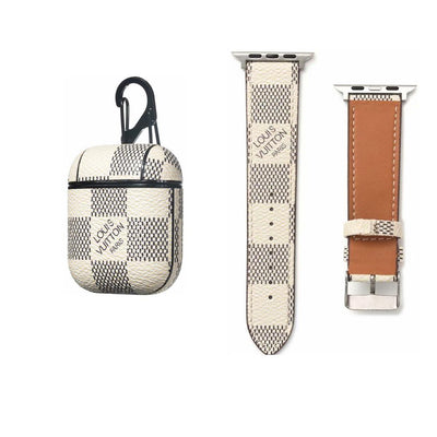 WHITE LV DAMIER EBENE INSPIRED WATCH BAND & AIRPOD CASE