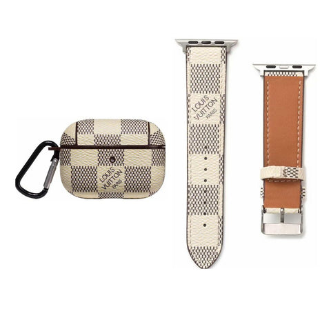 WHITE LV DAMIER EBENE INSPIRED WATCH BAND & AIRPOD PRO CASE