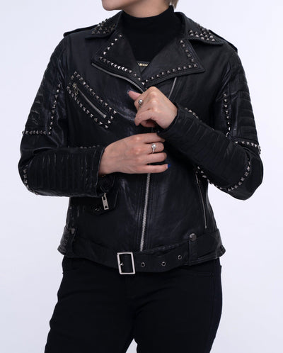 Woman's Studded Rivet Motorcycle Punk Leather Jacket