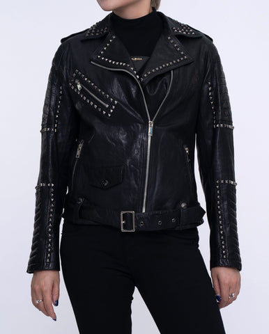 Woman's Studded Rivet Motorcycle Punk Leather Jacket