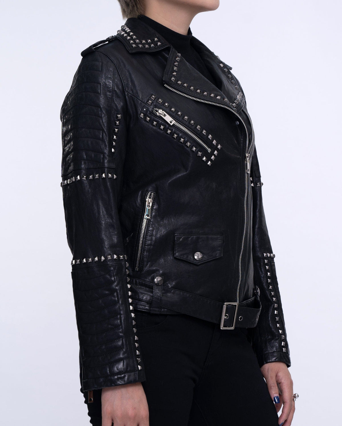 Woman's Studded Rivet Motorcycle Punk Leather Jacket