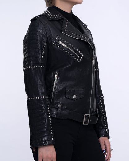 Woman's Studded Rivet Motorcycle Punk Leather Jacket