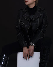 Woman's Studded Rivet Motorcycle Punk Leather Jacket