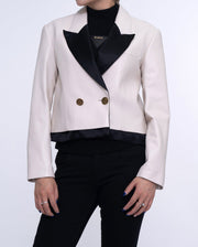 Woman White Cropped Leather Blazer Silk Splicing
