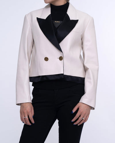 Woman White Cropped Leather Blazer Silk Splicing