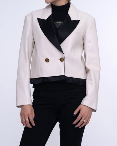 Woman White Cropped Leather Blazer Silk Splicing