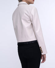 Woman White Cropped Leather Blazer Silk Splicing