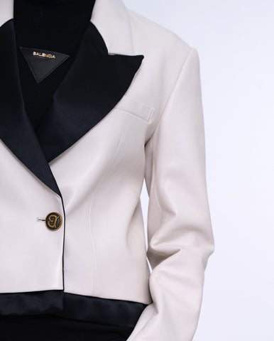 Woman White Cropped Leather Blazer Silk Splicing