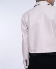 Woman White Cropped Leather Blazer Silk Splicing