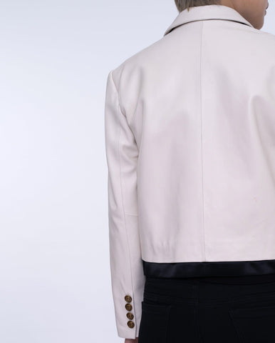 Woman White Cropped Leather Blazer Silk Splicing