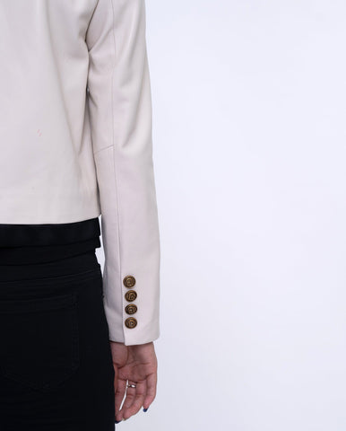 Woman White Cropped Leather Blazer Silk Splicing