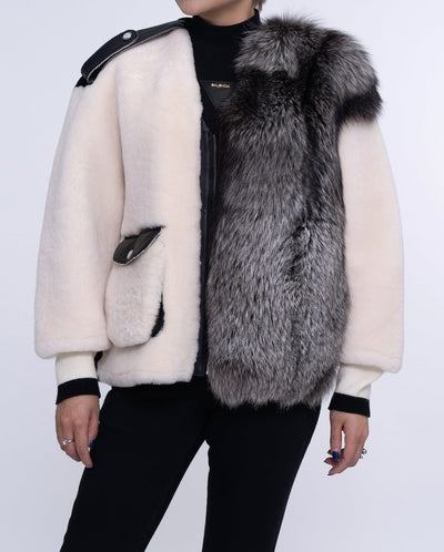 Womens White Lambwool Leather Shearling Coat with Fox Fur