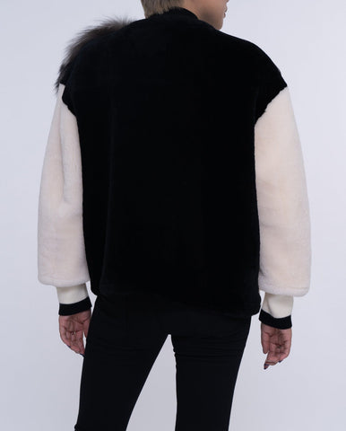 Womens White Lambwool Leather Shearling Coat with Fox Fur