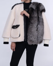 Womens White Lambwool Leather Shearling Coat with Fox Fur