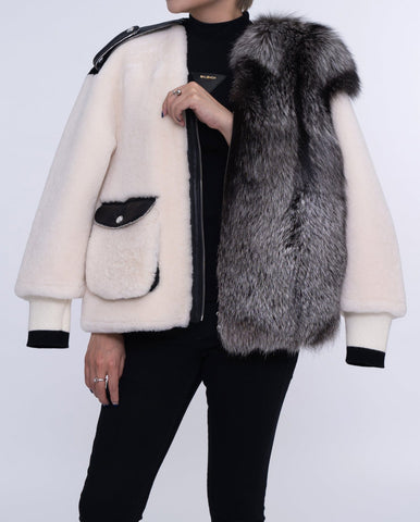 Womens White Lambwool Leather Shearling Coat with Fox Fur