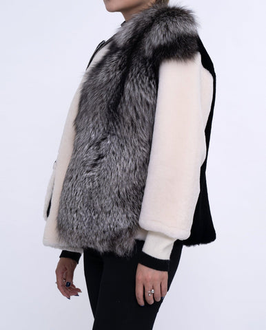 Womens White Lambwool Leather Shearling Coat with Fox Fur