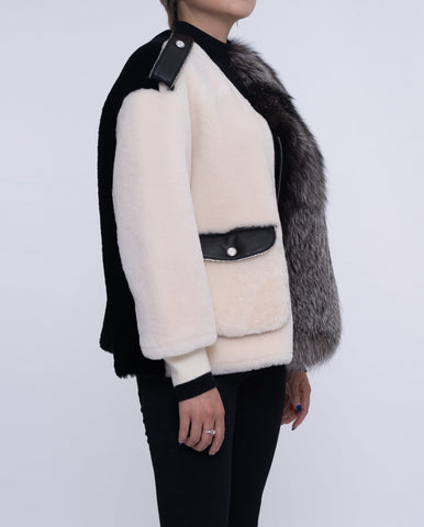 Womens White Lambwool Leather Shearling Coat with Fox Fur