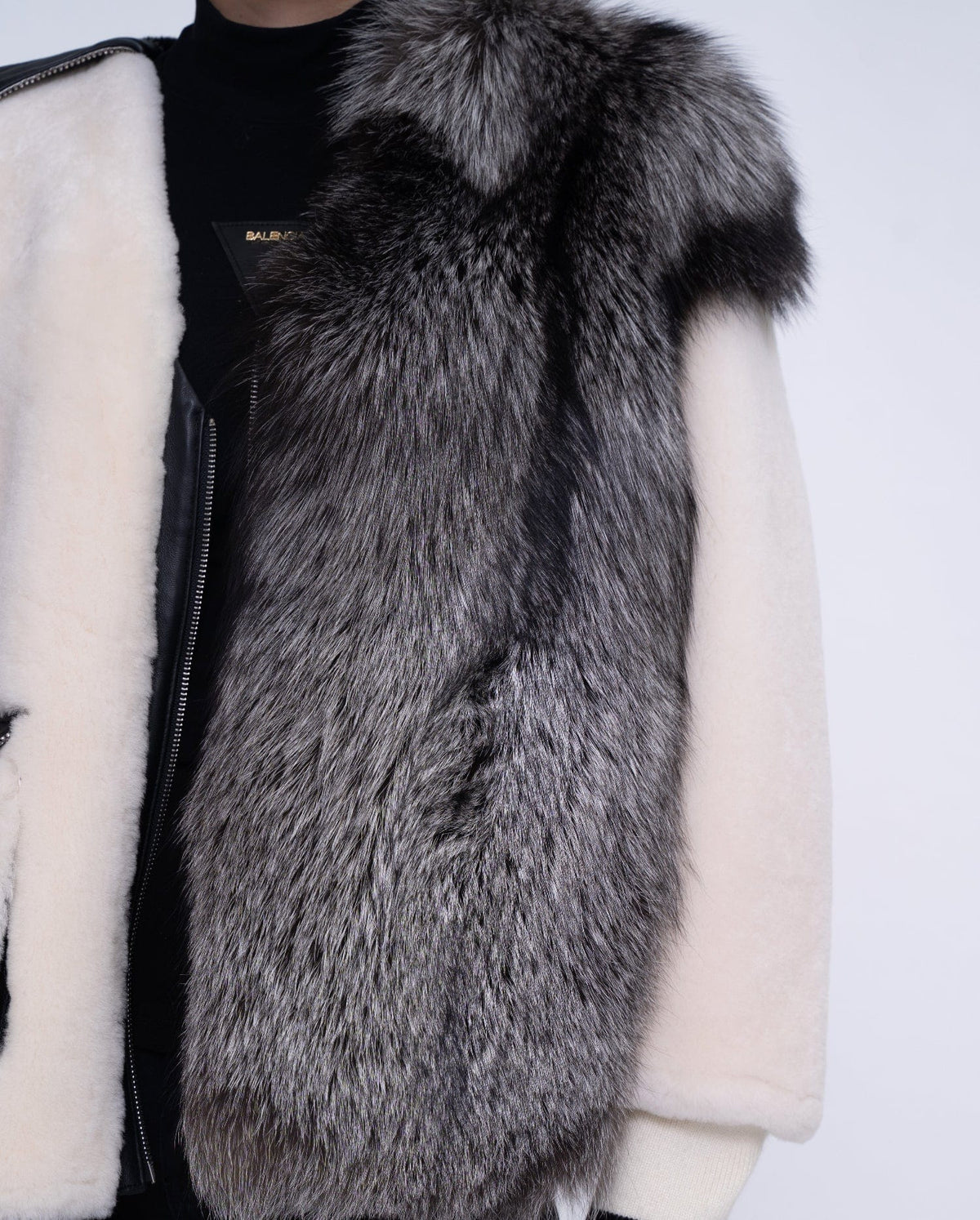 Womens White Lambwool Leather Shearling Coat with Fox Fur