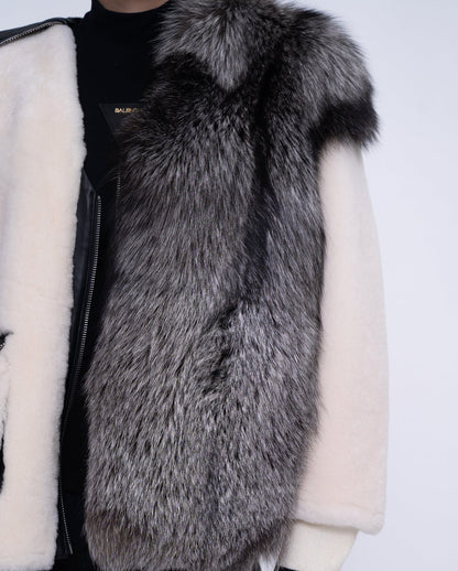 Womens White Lambwool Leather Shearling Coat with Fox Fur