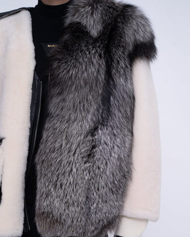 Womens White Lambwool Leather Shearling Coat with Fox Fur