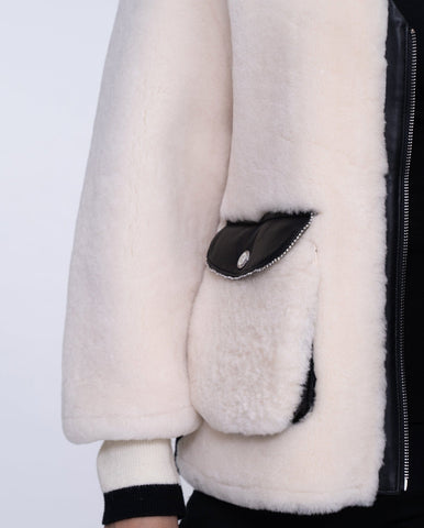 Womens White Lambwool Leather Shearling Coat with Fox Fur