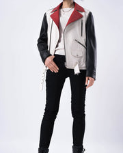 White Black Red Color Splicing Goatskin Leather Biker Moto Jacket