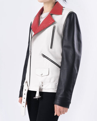 White Black Red Color Splicing Goatskin Leather Biker Moto Jacket
