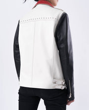 White Black Red Color Splicing Goatskin Leather Biker Moto Jacket
