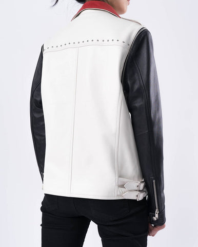 White Black Red Color Splicing Goatskin Leather Biker Moto Jacket