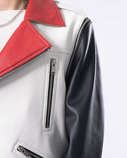 White Black Red Color Splicing Goatskin Leather Biker Moto Jacket