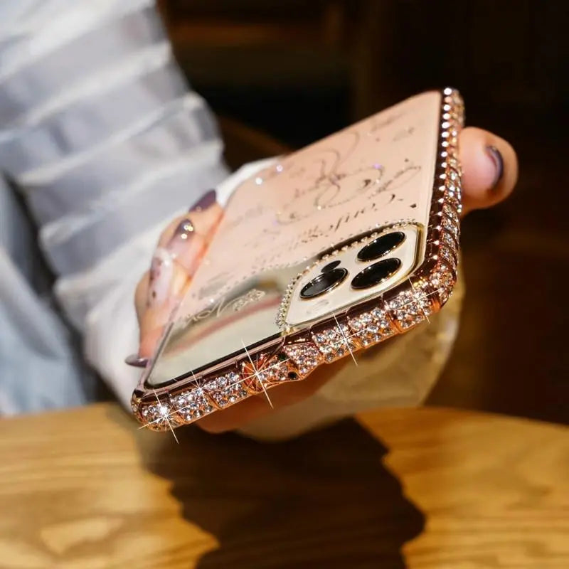 Two-in-one phone case with rhinestone frame and mirror lbcase