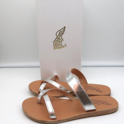 Ancient Greek Sandals Daphnae Slide Sandals Silver Metallic Leather Size 38