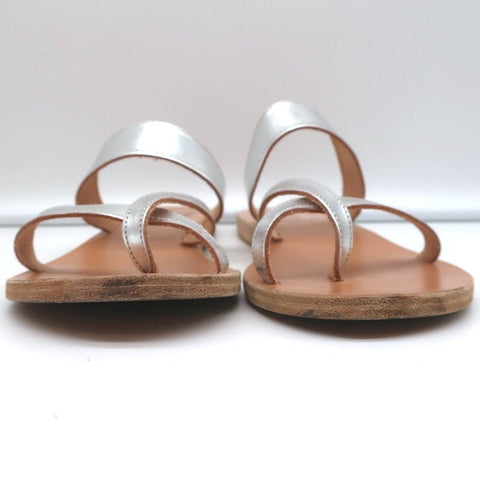 Ancient Greek Sandals Daphnae Slide Sandals Silver Metallic Leather Size 38