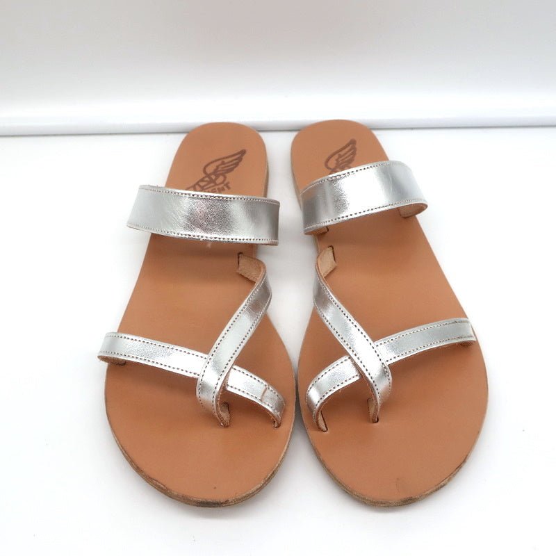 Ancient Greek Sandals Daphnae Slide Sandals Silver Metallic Leather Size 38
