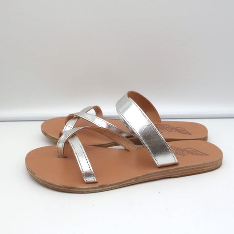 Ancient Greek Sandals Daphnae Slide Sandals Silver Metallic Leather Size 38