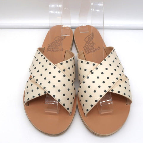 Ancient Greek Sandals Thais Crisscross Slides Cream Polka Dot Satin Size 38
